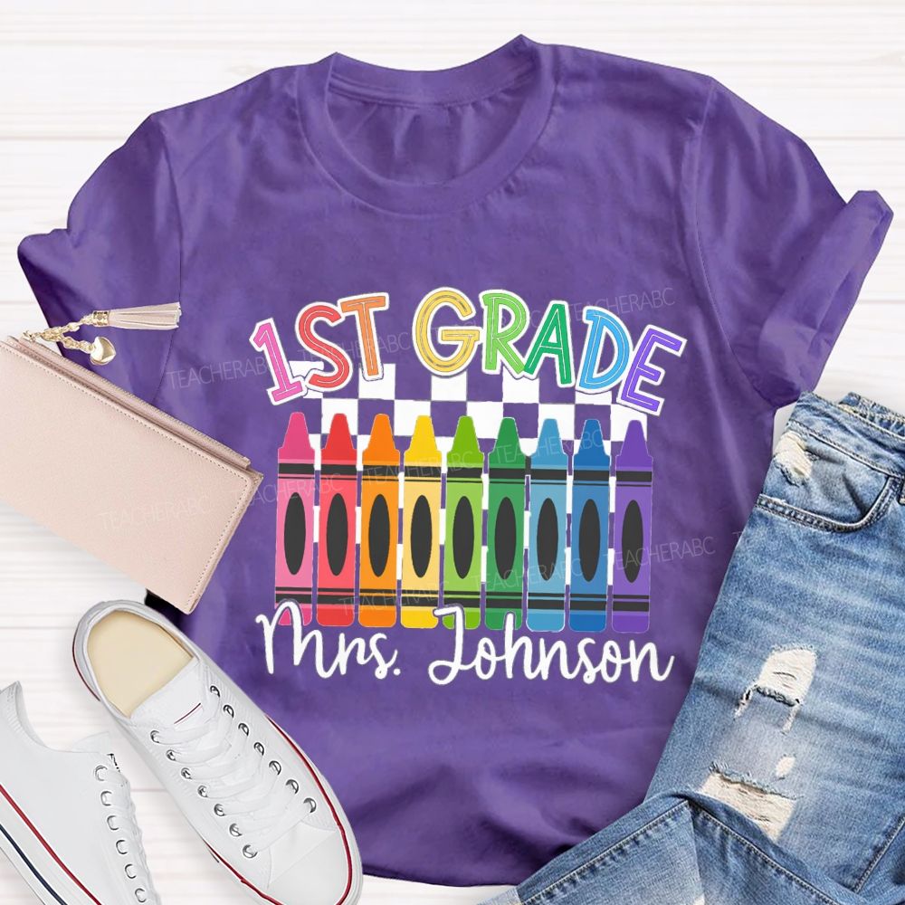 Personalized Grade And Name Colorful Crayons Teacher T-Shirt