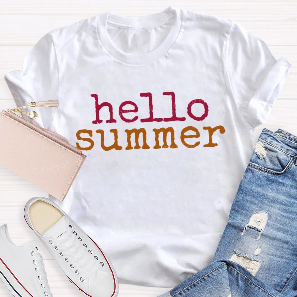 Hello Summer Vacation Vibes Colorful Letters Teacher T-shirt