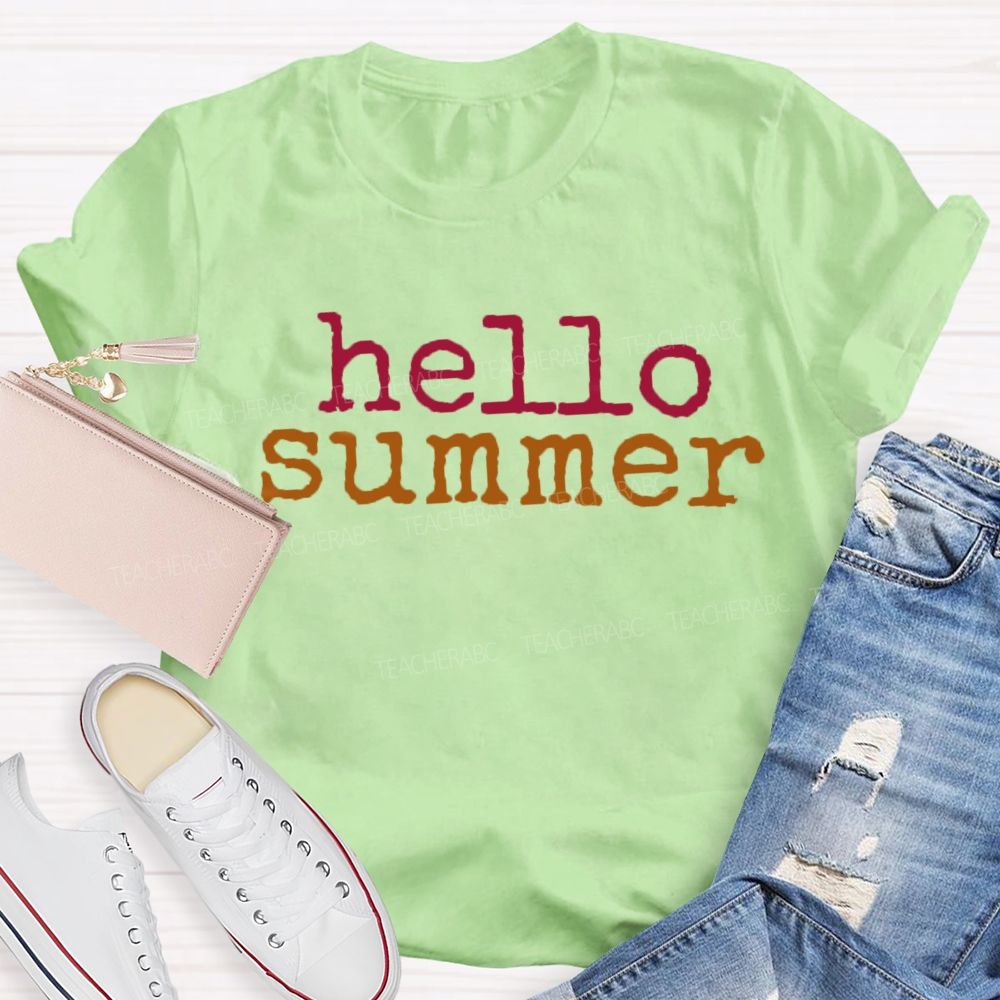 Hello Summer Vacation Vibes Colorful Letters Teacher T-shirt