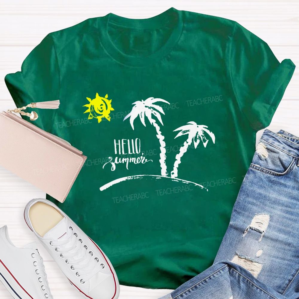 Hello Summer Sunshine Coconut Tree Teacher T-Shirt