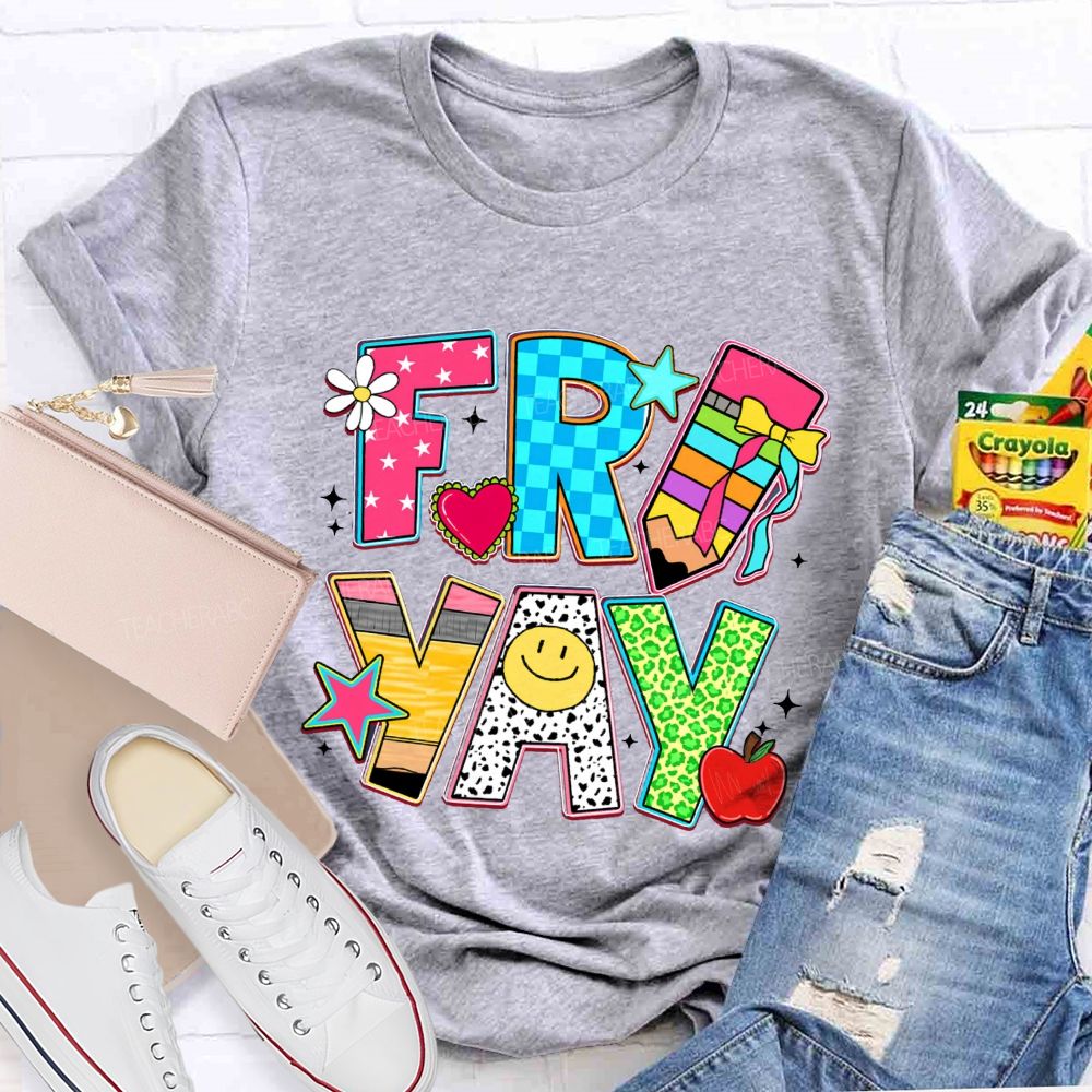 Fri-Yay Polka Dot Colored Font Teacher T-shirt