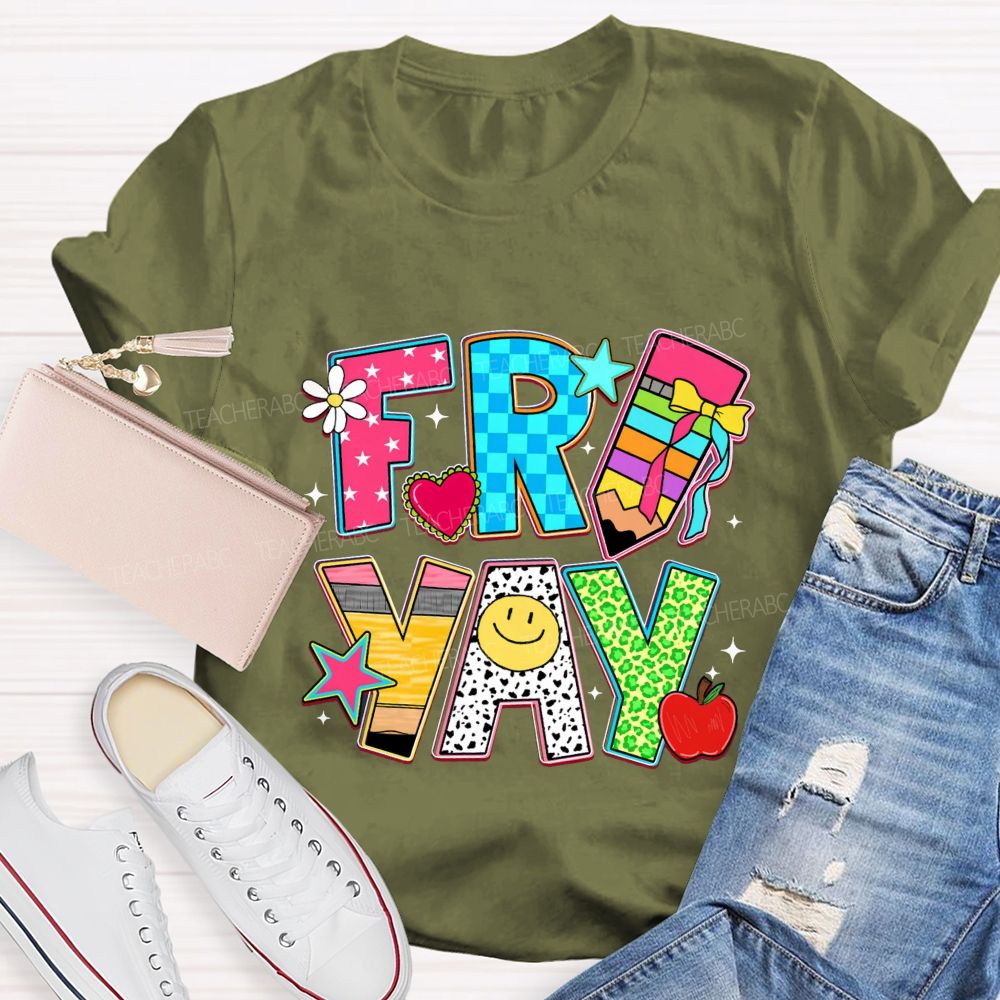 Fri-Yay Polka Dot Colored Font Teacher T-shirt