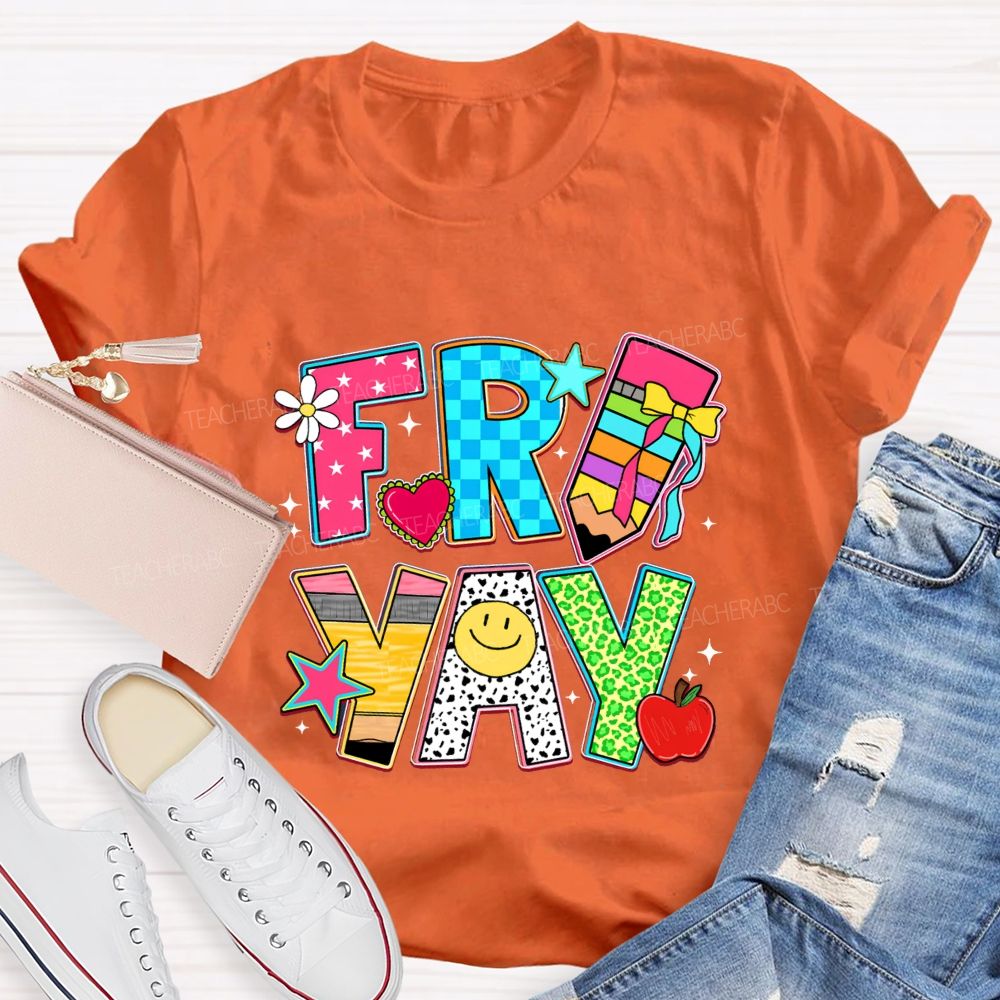 Fri-Yay Polka Dot Colored Font Teacher T-shirt