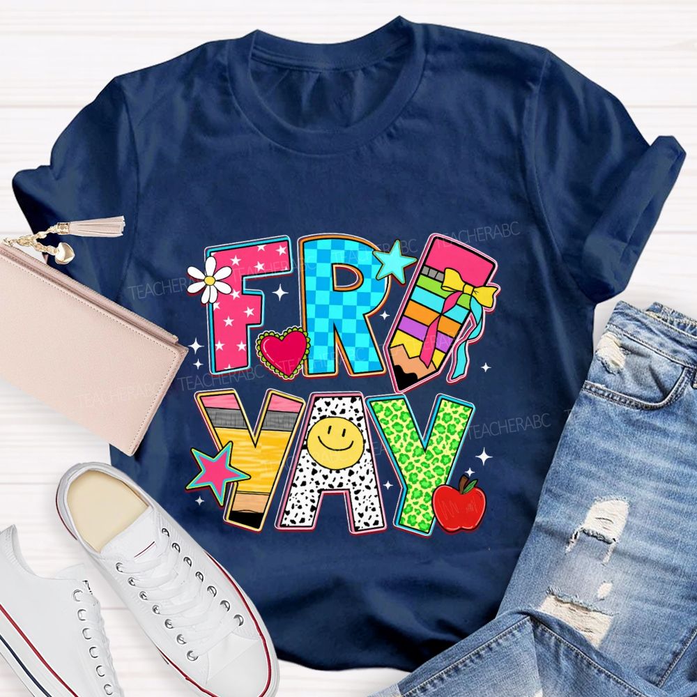 Fri-Yay Polka Dot Colored Font Teacher T-shirt