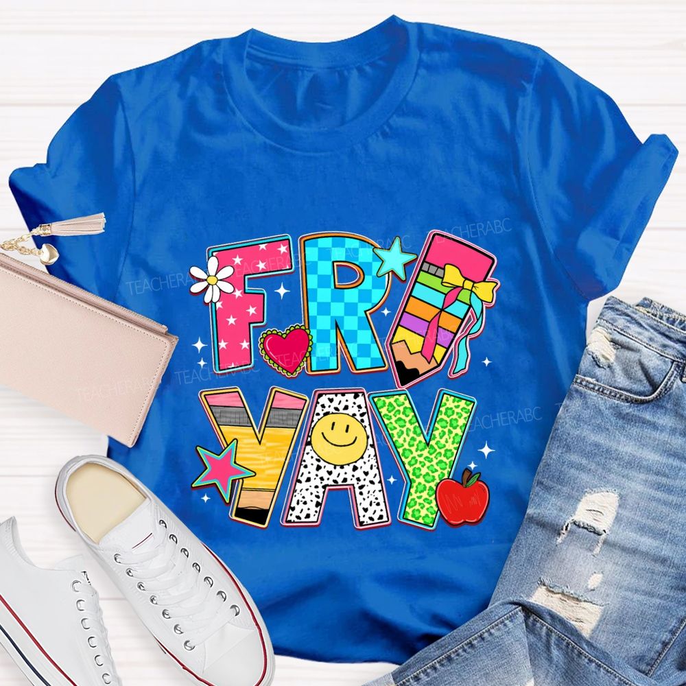 Fri-Yay Polka Dot Colored Font Teacher T-shirt