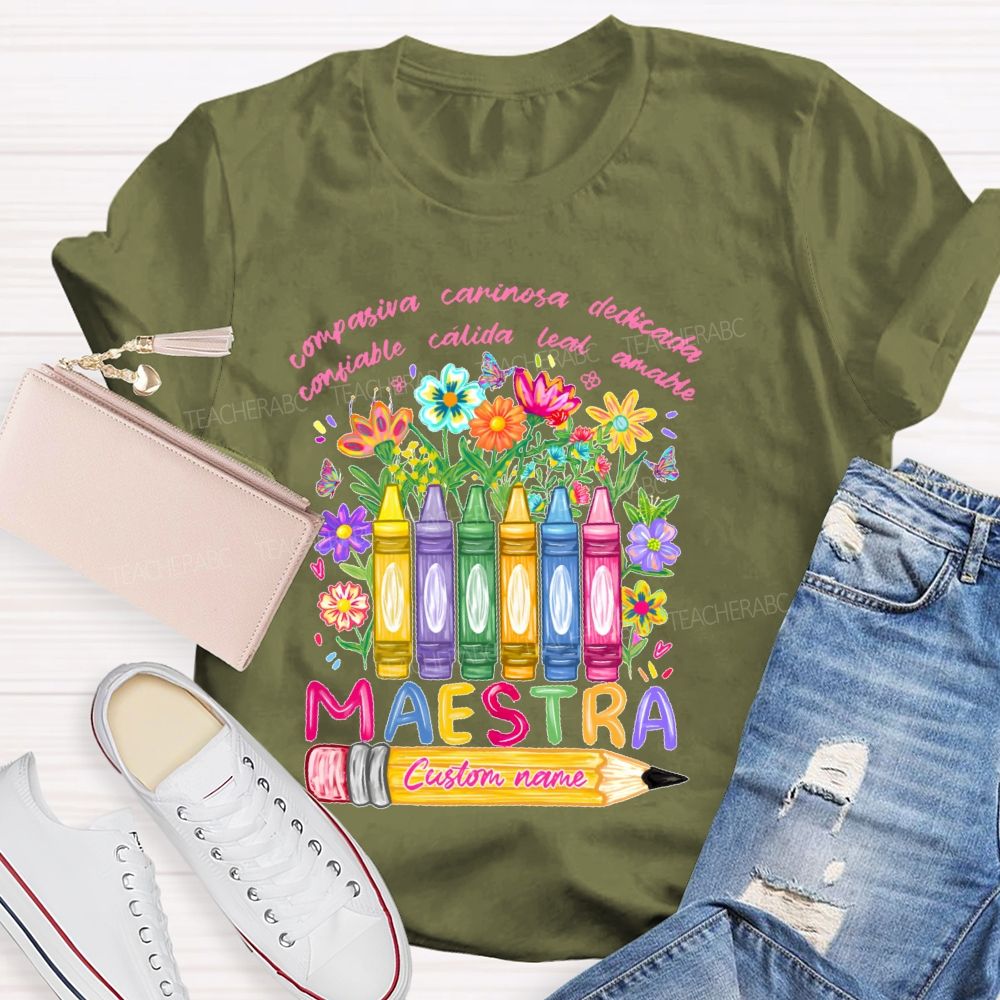 Personalized Name  Compasiva Cariñosa Dedicada Confiable Cálida Leal Letters  Teacher T-shirt