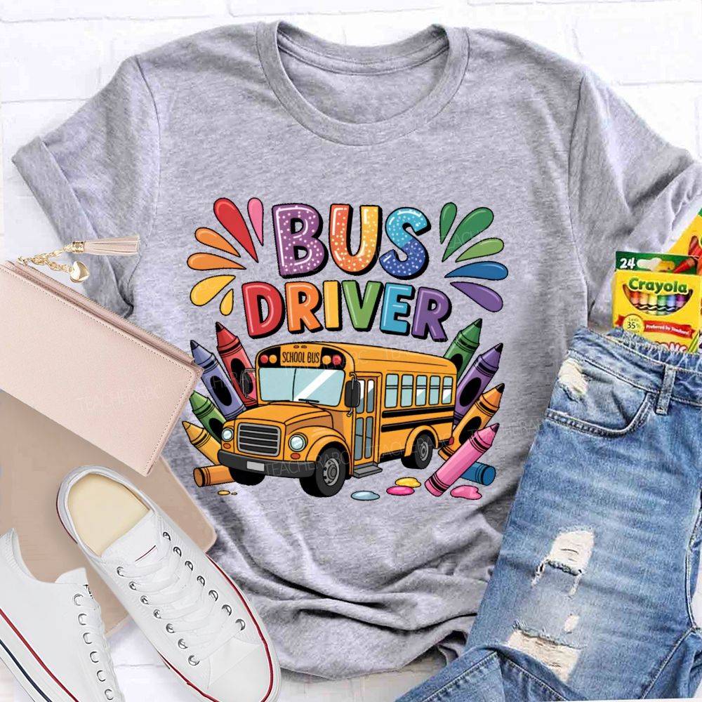 Bus Driver Colorful Crayon  Teacher T-shirt