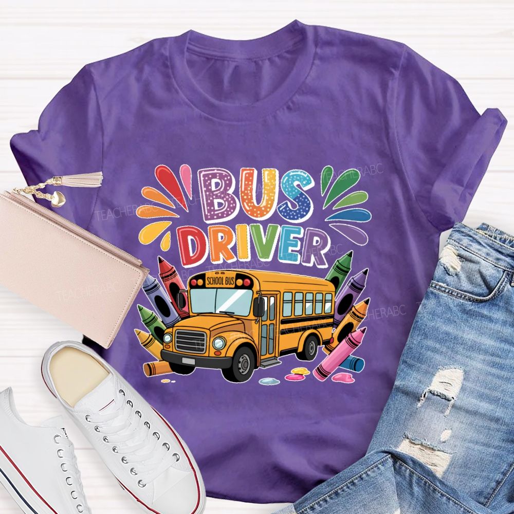 Bus Driver Colorful Crayon  Teacher T-shirt