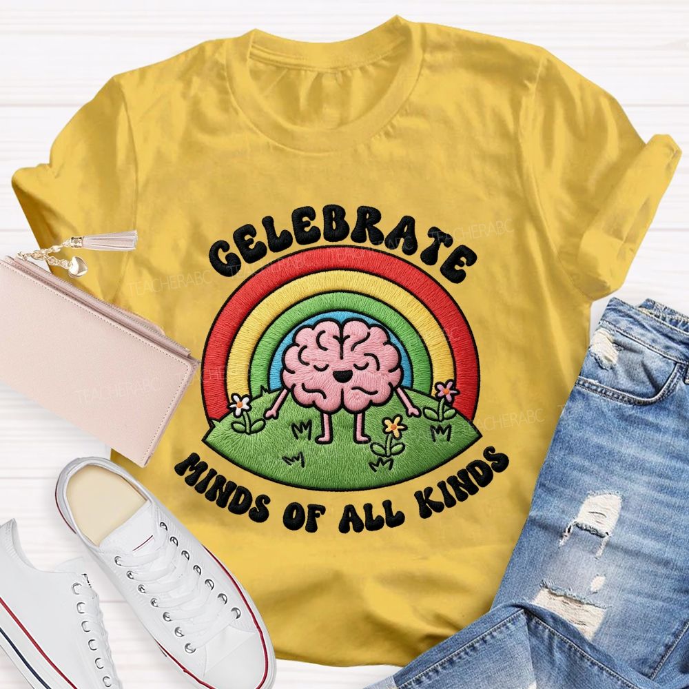 Celebrate  Minds Of All Kinds Rainbow Brain Teacher T-Shirt