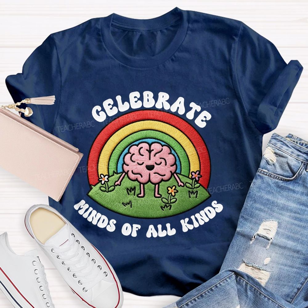 Celebrate  Minds Of All Kinds Rainbow Brain Teacher T-Shirt