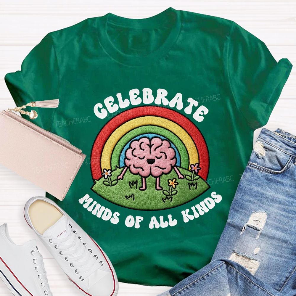 Celebrate  Minds Of All Kinds Rainbow Brain Teacher T-Shirt