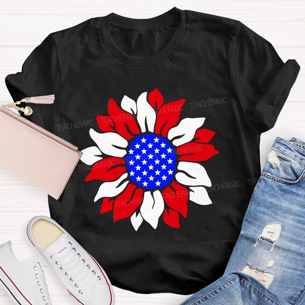 US Flag Sunflower Teacher T-shirt