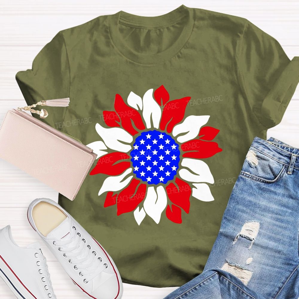 US Flag Sunflower Teacher T-shirt