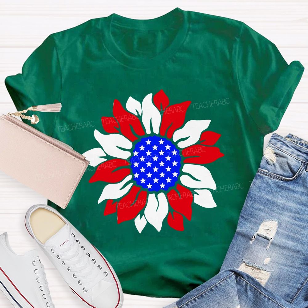 US Flag Sunflower Teacher T-shirt