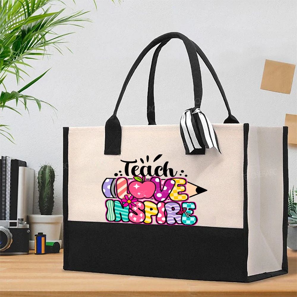 Teach Love Inspire Pencil Strip Plaid  Cotton Tote Bag