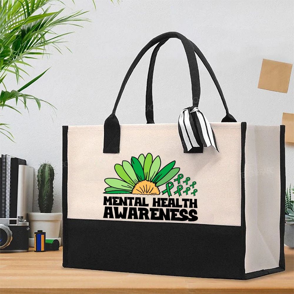 Green Ribbon Mental Health Awareness  Cotton Tote Bag