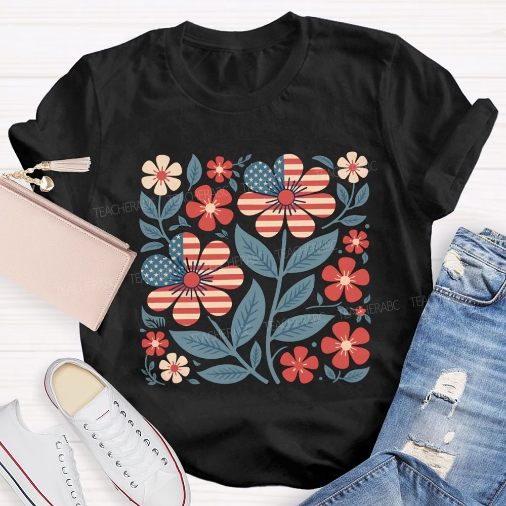 Us Flag Floral Teacher T-Shirt
