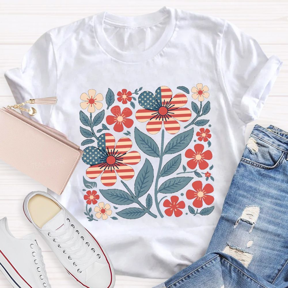 Us Flag Floral Teacher T-Shirt