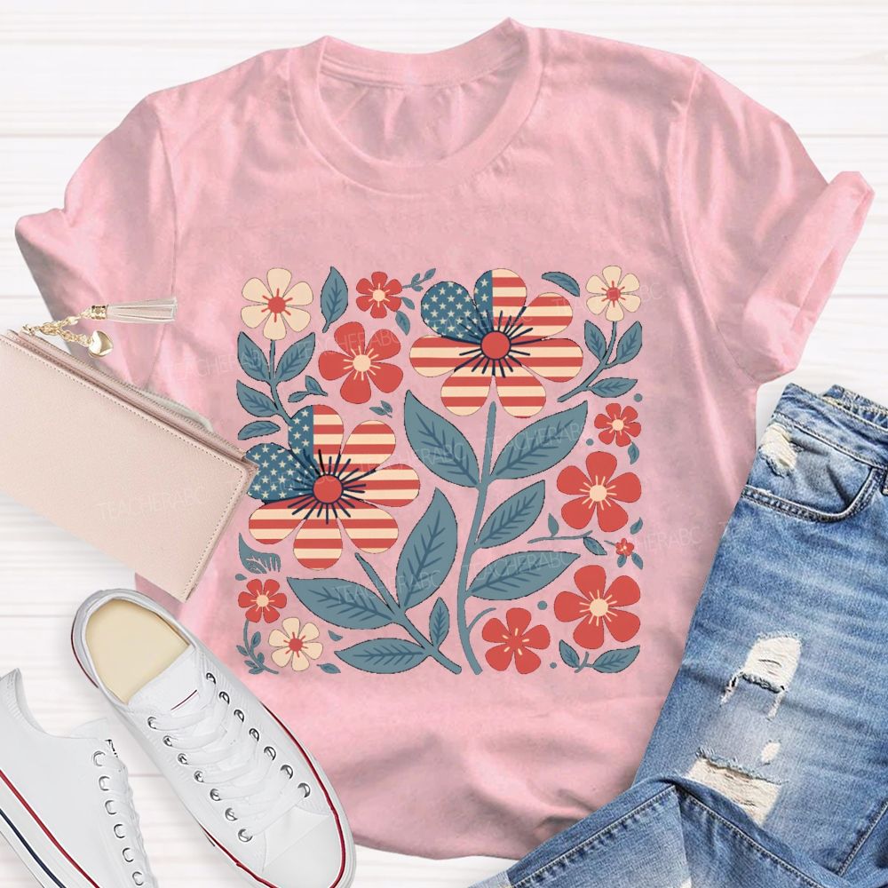 Us Flag Floral Teacher T-Shirt