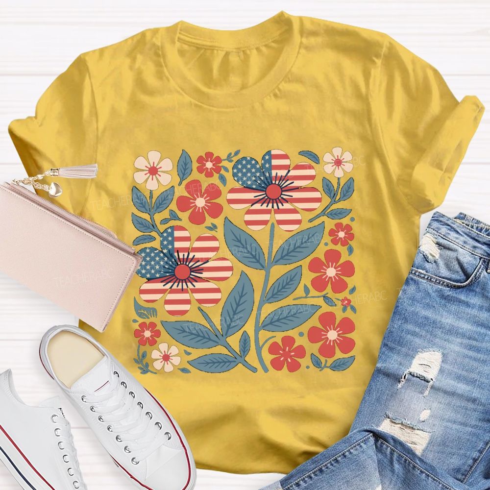 Us Flag Floral Teacher T-Shirt