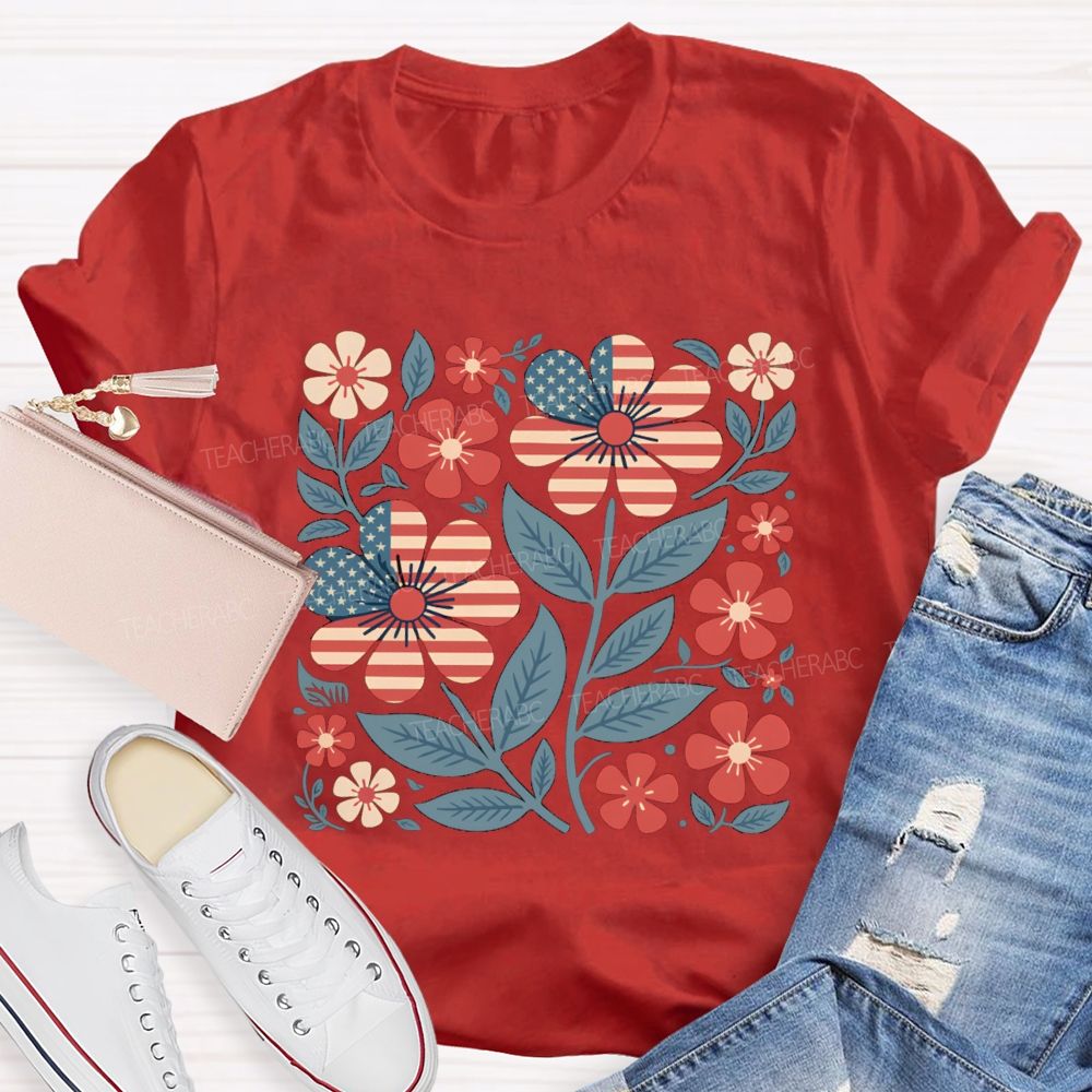 Us Flag Floral Teacher T-Shirt