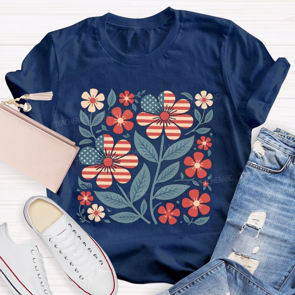 Us Flag Floral Teacher T-Shirt