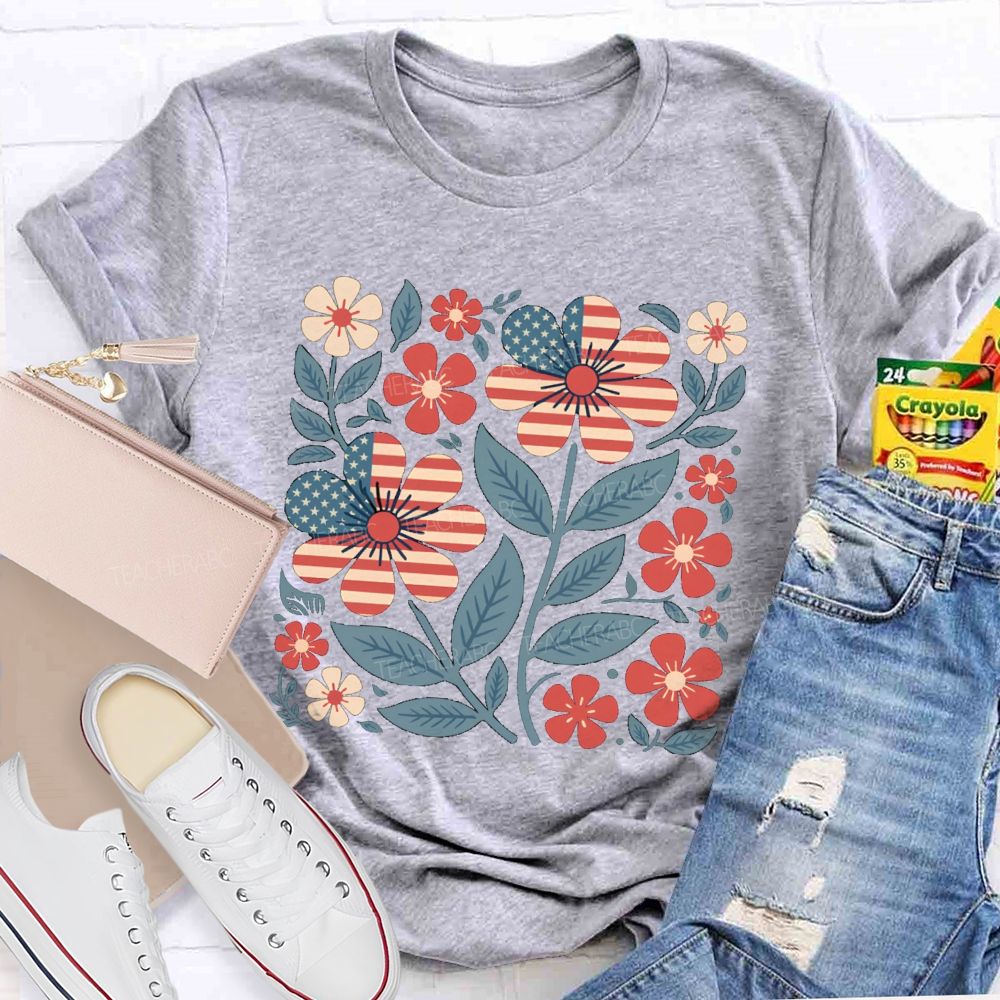 Us Flag Floral Teacher T-Shirt