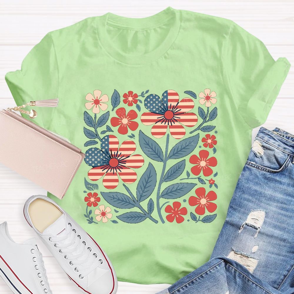 Us Flag Floral Teacher T-Shirt
