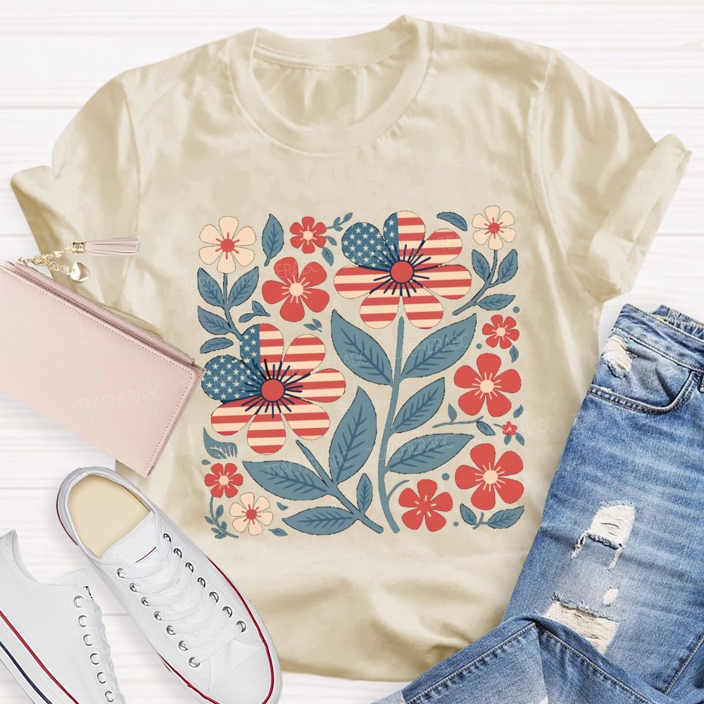 Us Flag Floral Teacher T-Shirt