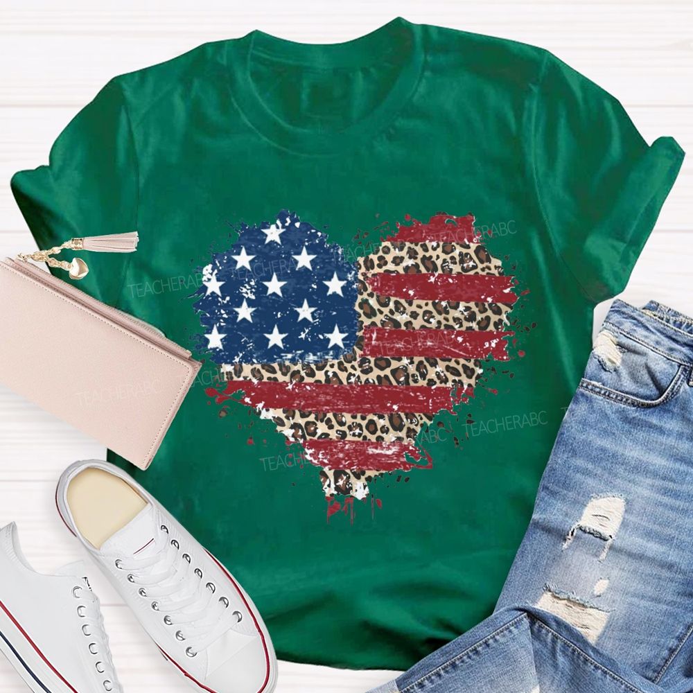Us Flag Leopard Heart Teacher T-Shirt