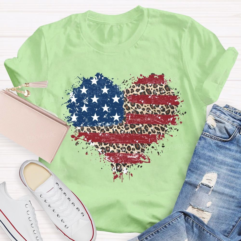 Us Flag Leopard Heart Teacher T-Shirt