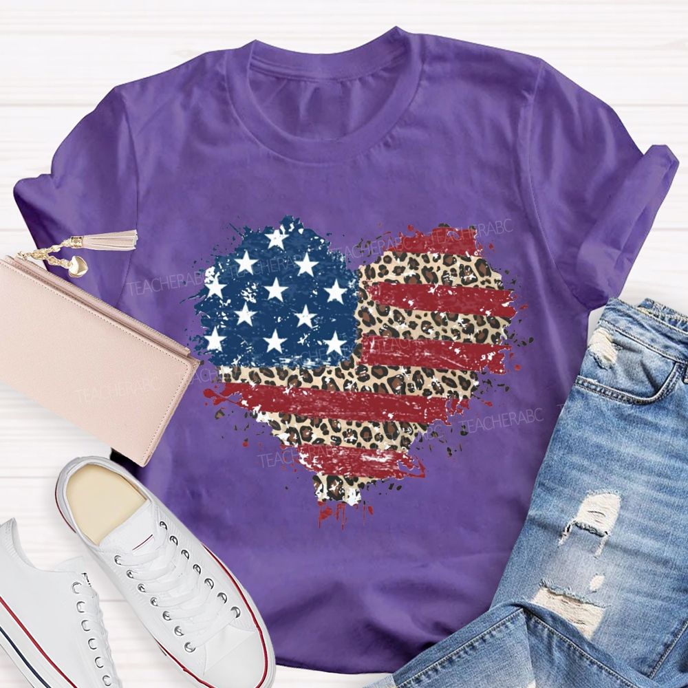 Us Flag Leopard Heart Teacher T-Shirt
