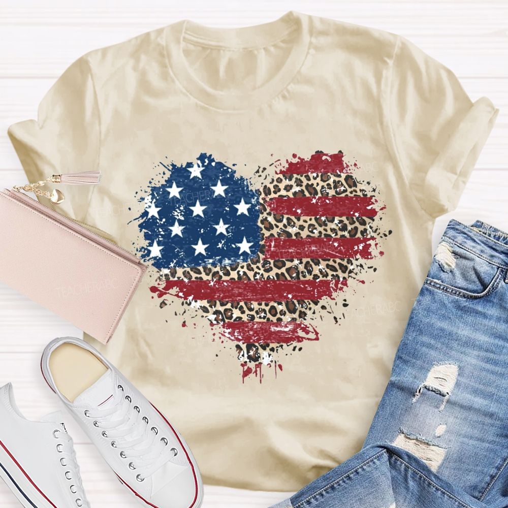 Us Flag Leopard Heart Teacher T-Shirt