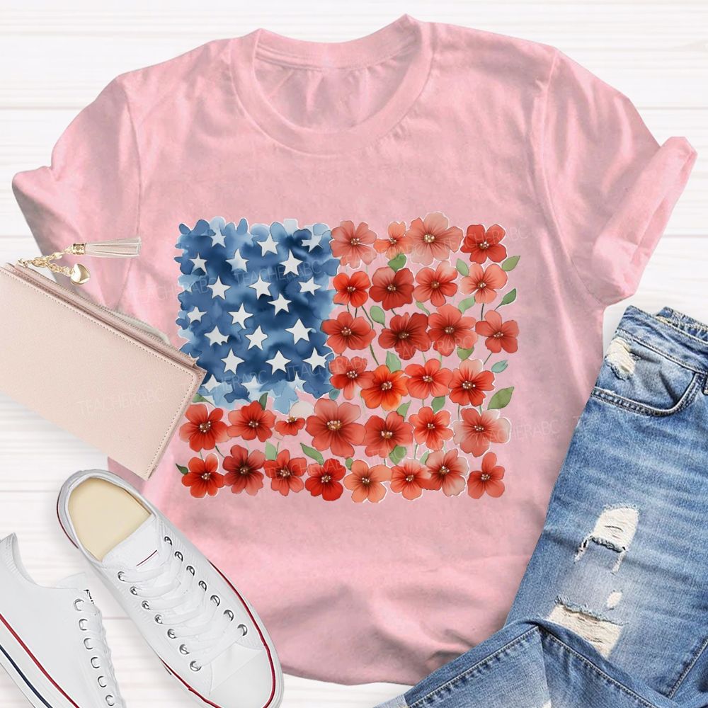 Us Flag Star Flowers Teacher T-Shirt