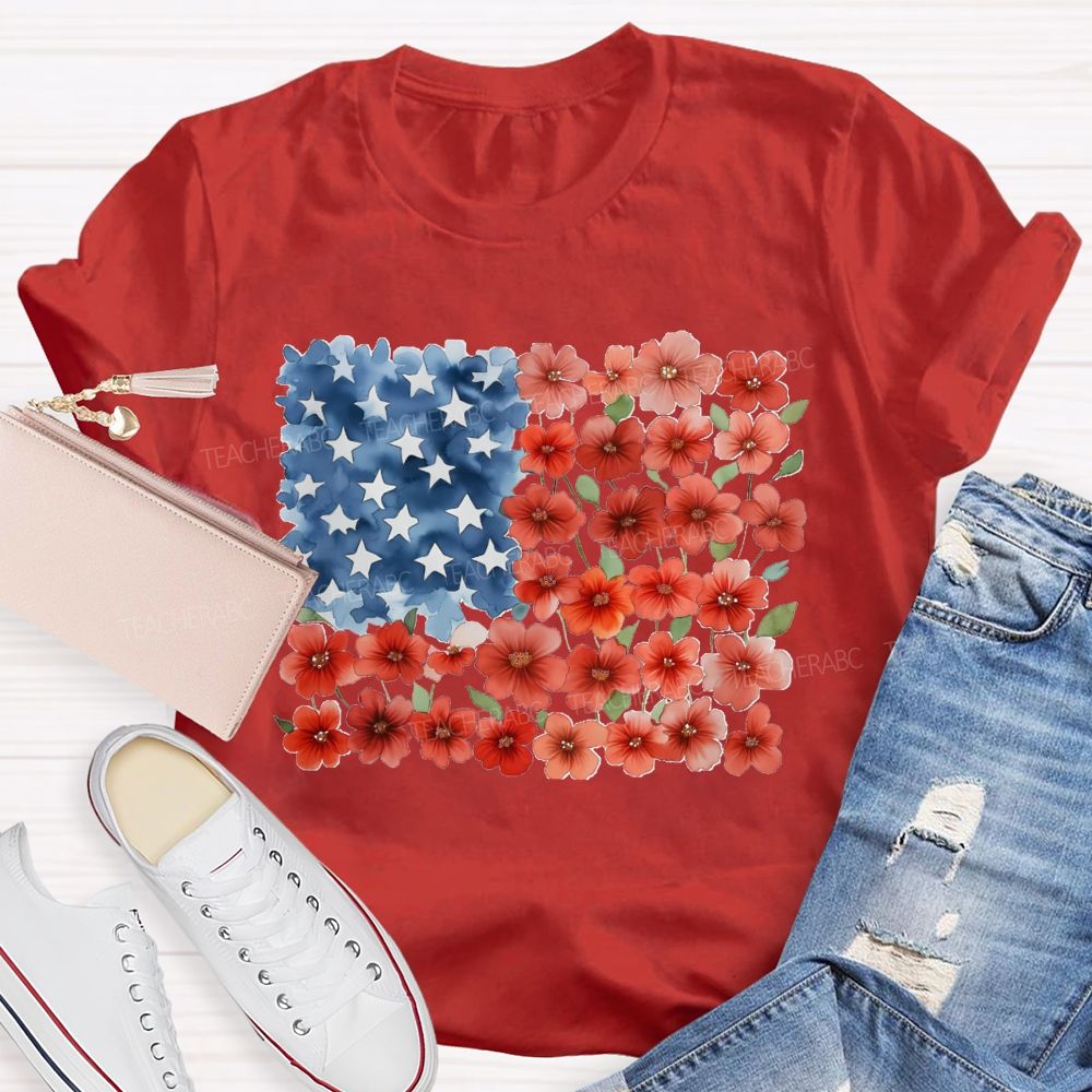 Us Flag Star Flowers Teacher T-Shirt
