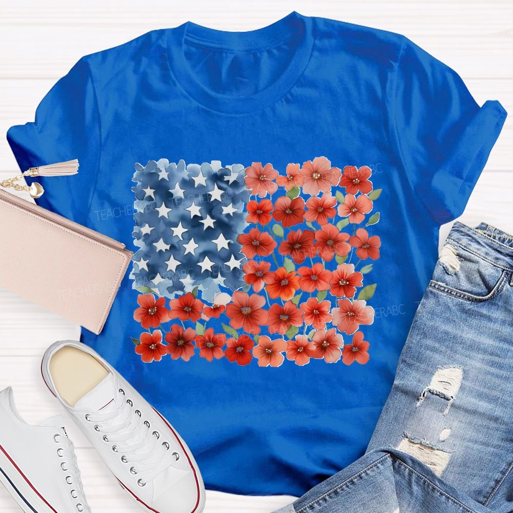 Us Flag Star Flowers Teacher T-Shirt