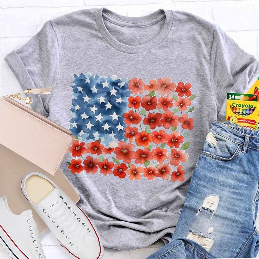 Us Flag Star Flowers Teacher T-Shirt