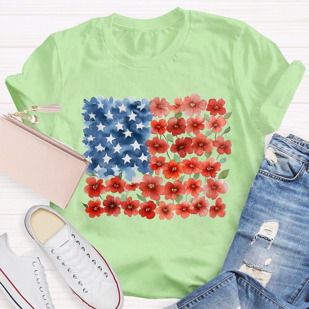 Us Flag Star Flowers Teacher T-Shirt