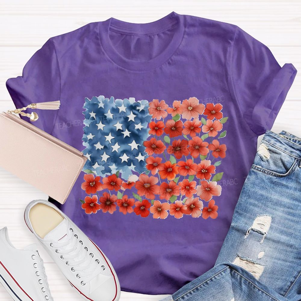 Us Flag Star Flowers Teacher T-Shirt