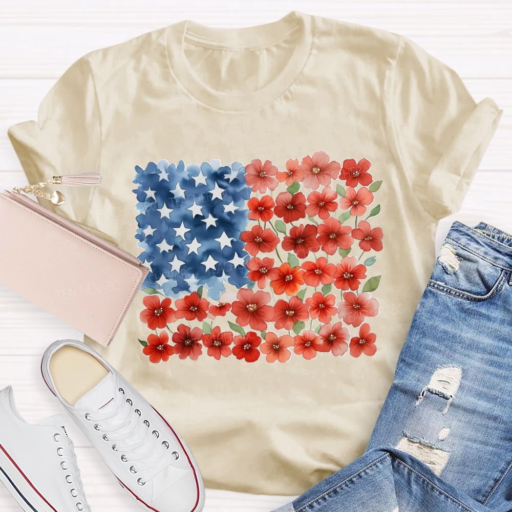 Us Flag Star Flowers Teacher T-Shirt