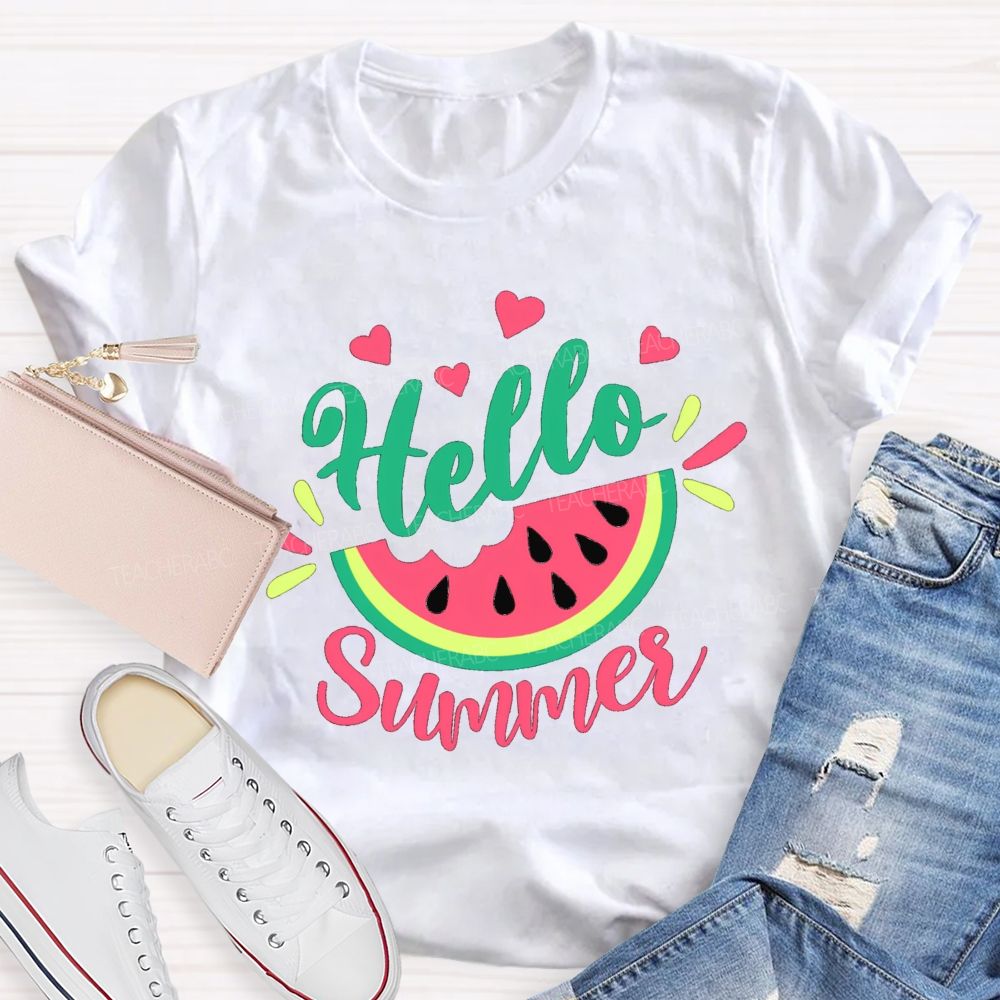 Hello Summer Watermelon Pink Heart Teacher T-Shirt