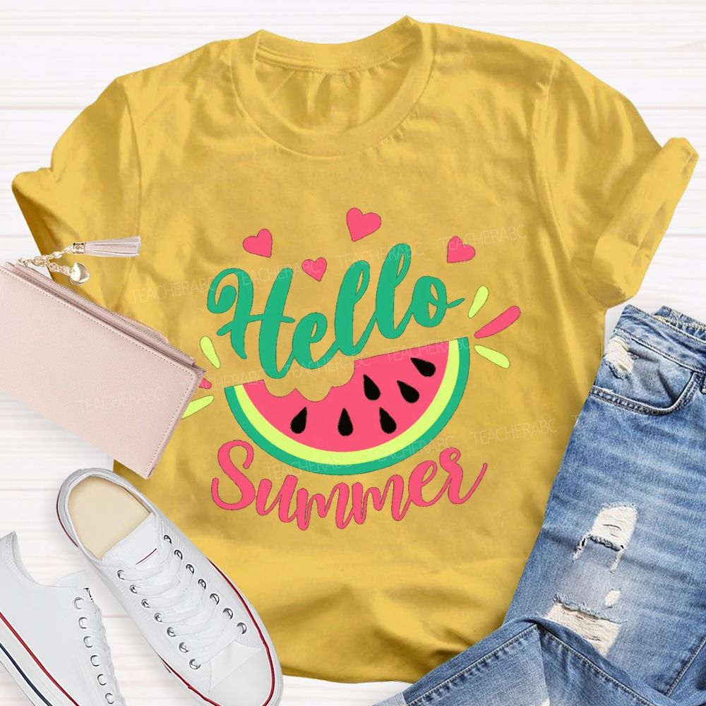 Hello Summer Watermelon Pink Heart Teacher T-Shirt