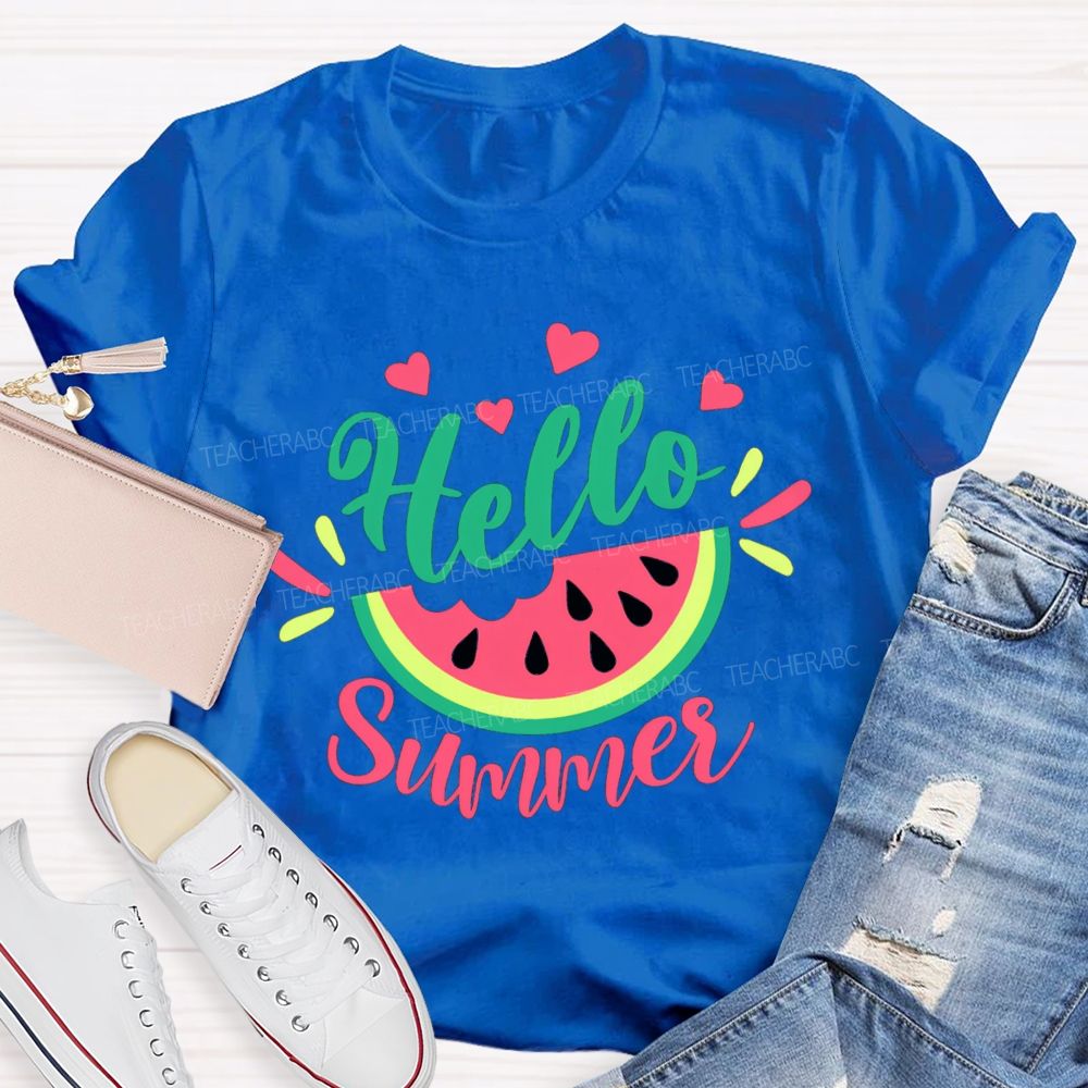 Hello Summer Watermelon Pink Heart Teacher T-Shirt