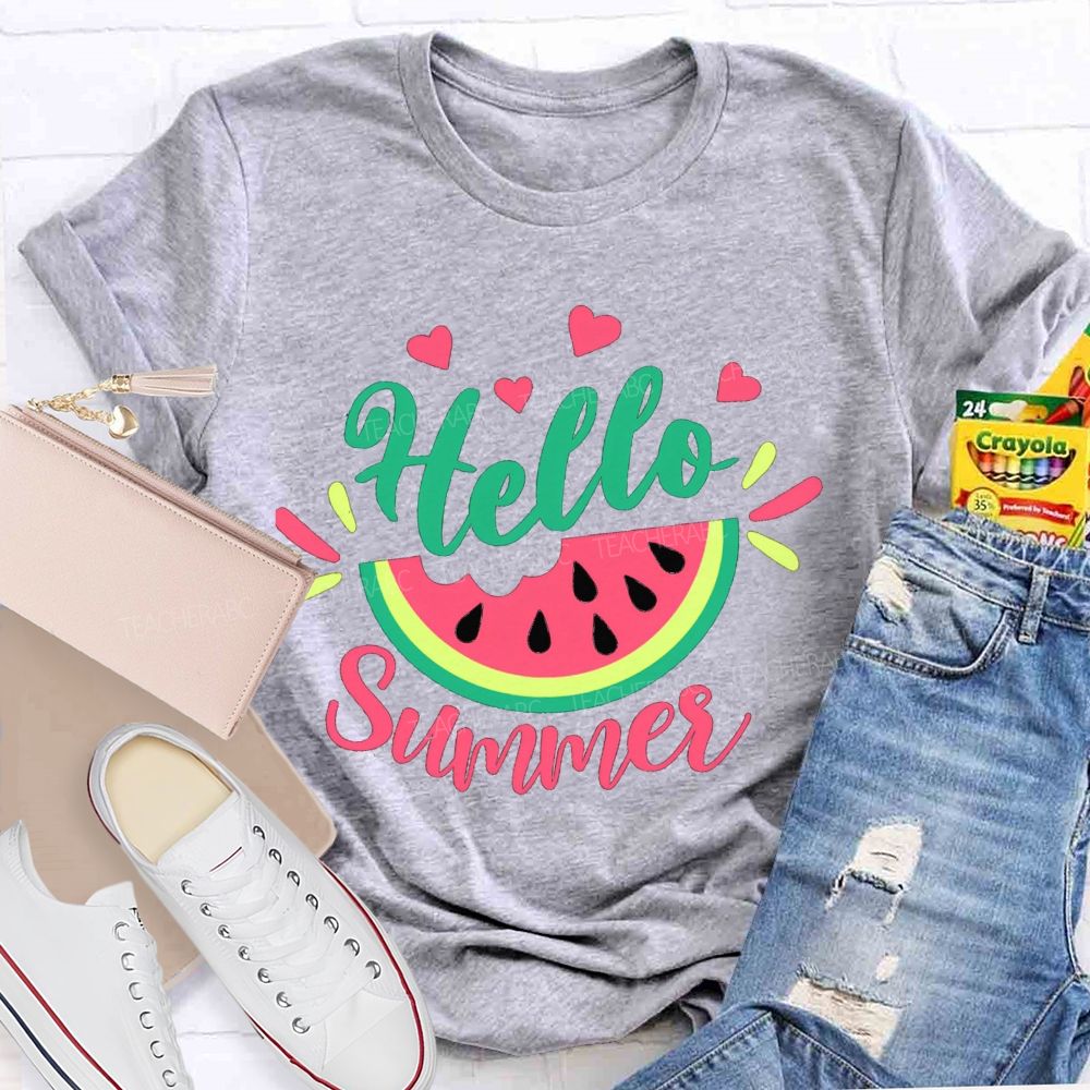 Hello Summer Watermelon Pink Heart Teacher T-Shirt