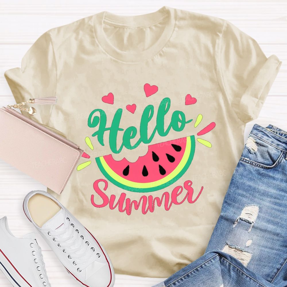 Hello Summer Watermelon Pink Heart Teacher T-Shirt