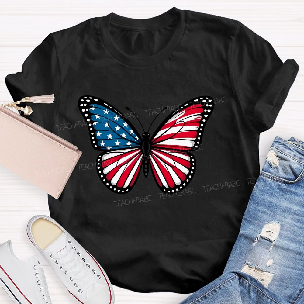 Us Flag Butterfly Teacher T-Shirt