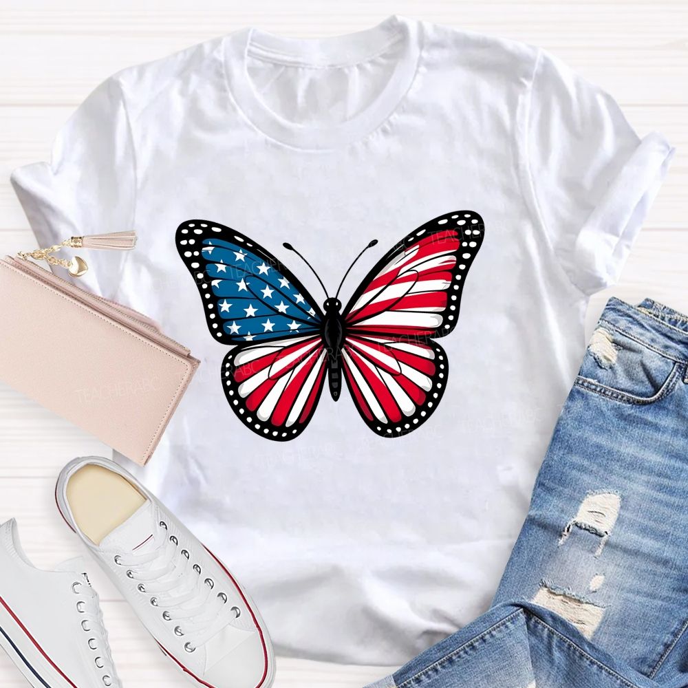 Us Flag Butterfly Teacher T-Shirt