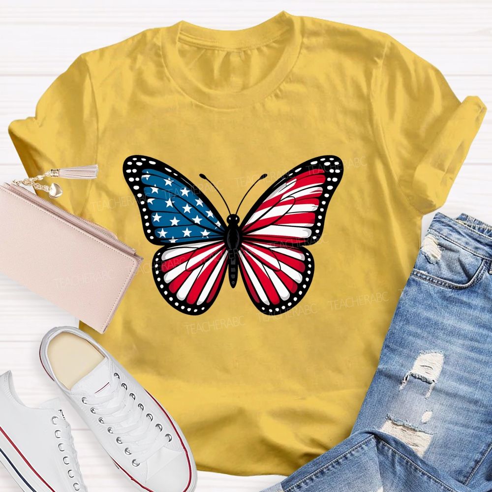 Us Flag Butterfly Teacher T-Shirt