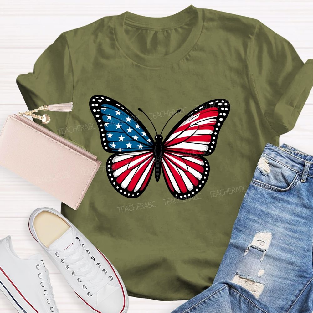 Us Flag Butterfly Teacher T-Shirt