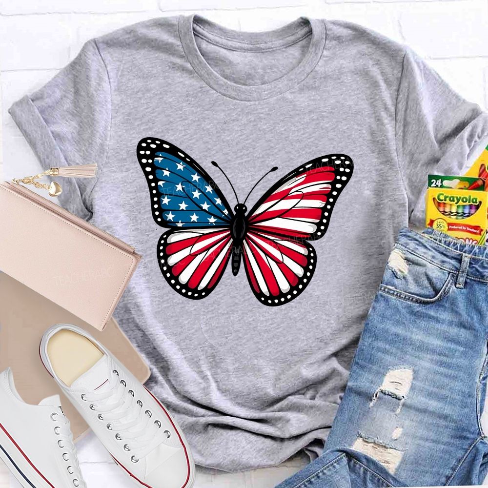 Us Flag Butterfly Teacher T-Shirt
